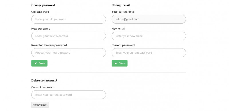 Access: change password and email, delete account