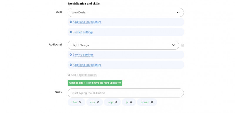 General settings: main and additional specializations, skills